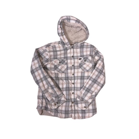 Rip Curl Sherpa Lined Hooded Flannel Jacket Mens Medium Gray White Plaid Winter - Picture 1 of 6